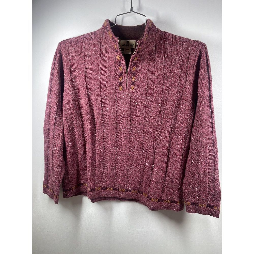 Woolrich Women’s Large Sweater Wool Blend With Embroidered Accents 1/4 Zip Boxy